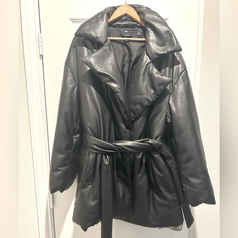 Black leather winter coat. Asos. Size 14.